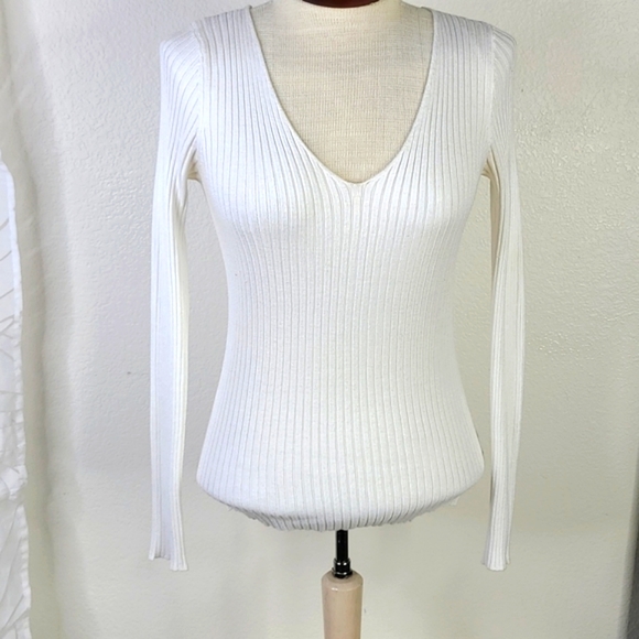 Ambiance Sweaters - Sexy Sweater Size Large White Lace Up Back Detail  Ribbed Rayon Blend Knit Cute